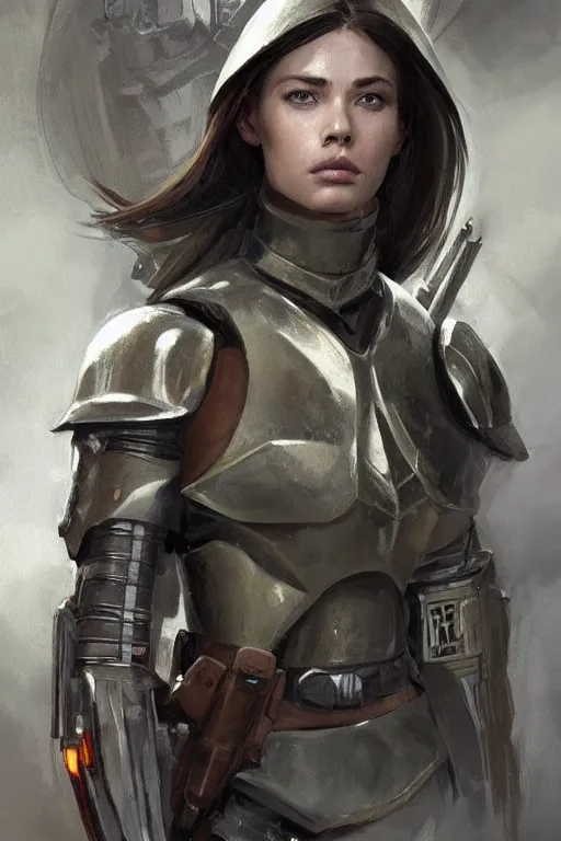 Image similar to a professional painting of a beautiful young female, clothed in military armor, olive skin, long dark hair, beautiful bone structure, symmetrical facial features, intricate, elegant, digital painting, concept art, smooth, sharp focus, illustration, from Star Wars by Ruan Jia and Mandy Jurgens and Artgerm and William-Adolphe Bouguerea