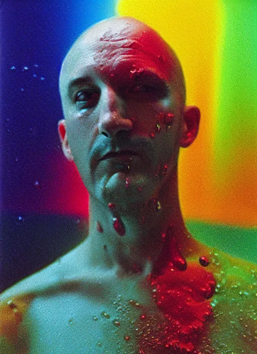 Prompt: detailed color analog medium format photo made by harmony korine, polaroid closeup photo of weird bald man with getting splashed by colorful water in studio, rim light, shot with a camera flash, high production value, intricate details, hyperrealistic, photorealistic, high definition, award - winning photography, masterpiece