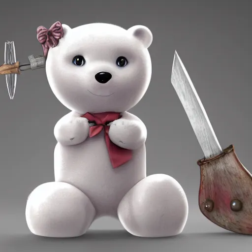 Image similar to cute porcelain doll ice bear with axe in san fransisco, mark ryden style, vivid colors, high details, cinematic, 8 k resolution, beautiful detailed, photorealistic, digital painting, dark atmosphere, artstation, concept art, smooth, sharp focus, illustration, fantasy background, artstation trending, octane render, unreal engine