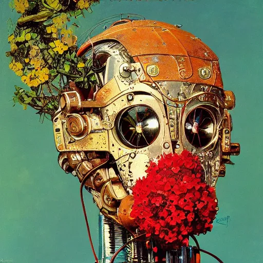 Prompt: a robot wearing a facemask made from flowers, reflective detailed textures, highly detailed fantasy science fiction painting by moebius, norman rockwell, frank frazetta, and syd mead. rich colors, high contrast. artstation
