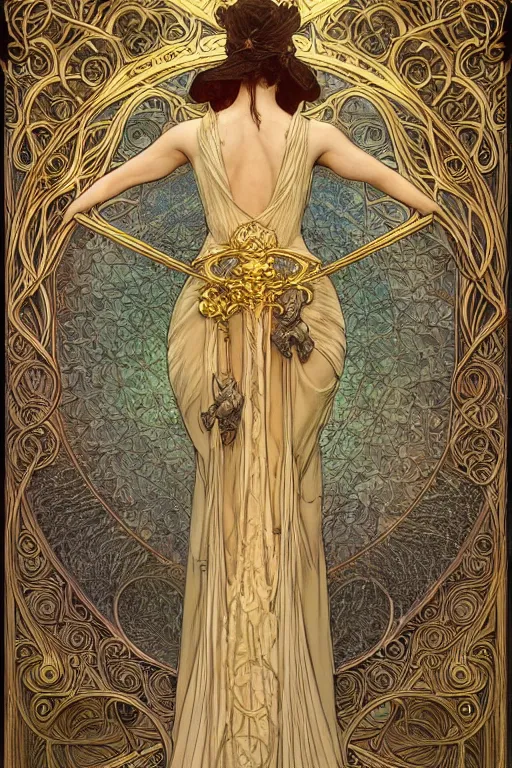 Image similar to full - body artwork, cattie - brie of mithril hall, andreas rocha, greg rutkowski. art nouveau neo - gothic sculpture by mucha. swirly intricate gilded linework background. gaudy colors, sharp edges. ultra clear detailed. 8 k. elegant. octane render