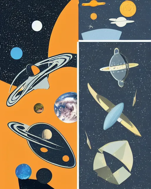 Image similar to A collage of Space Travel, mid-century modern, made of random shapes cut from magazines