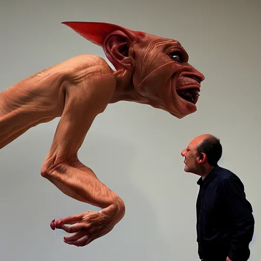 Image similar to praying man fish chimera, ron mueck masterpiece in exhibition