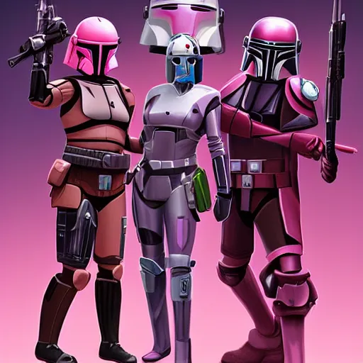 Image similar to bo katan, koska reeves, and a very fancy female mandalorian in a pink suit and bedazzled helmet. digital art. photo realistic. 4 k. intricate. detailed. by krenz cush art simon fetscher.