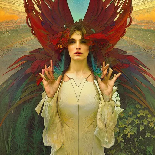 Prompt: the solarpunk phoenix, red bird, regeneration, landscape, volumetric light, bokeh, painting by greg rutkowski by alphonse mucha