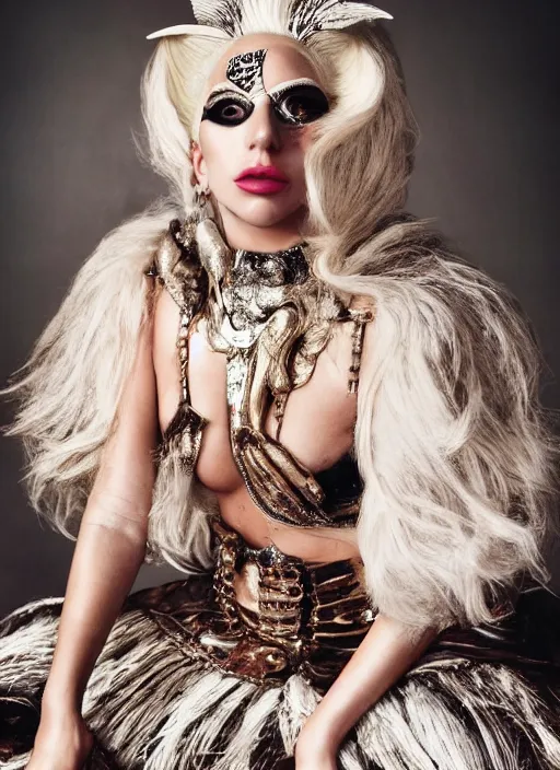 Image similar to lady gaga in an ancient themed photoshoot, nick knight, annie leibovitz, posing, style, vogue magazine, highly realistic. high resolution. highly detailed. dramatic. 8 k. 4 k.