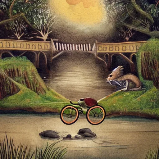 Image similar to storybook illustration of an otter riding a bicycle over a bridge