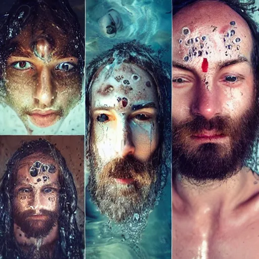 Image similar to three eyed hairy gods, third eye in middle of forehead, wide wide shot, photograph, wet hairy bodies, wet feet in water, bodies, soft colors, wet eye in forehead, pins, very detailed, wet eyes reflecting into eyes reflecting into infinity, beautiful lighting