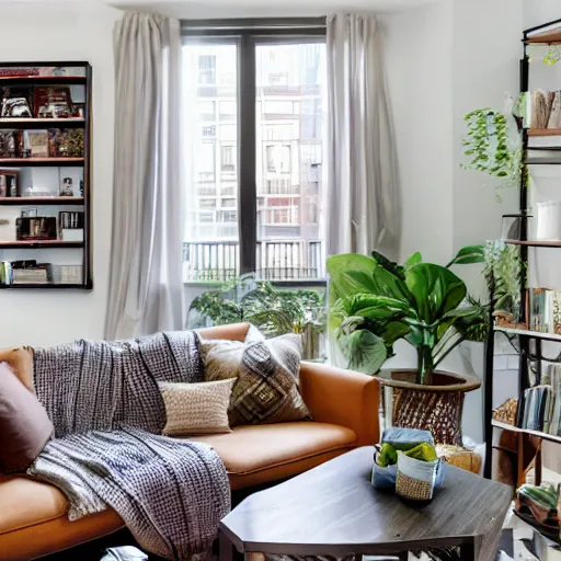 Image similar to award winning interior design city apartment, cozy and calm, fabrics and textiles, colorful accents, hardwood floors, book shelf, couch, desk, balcony door, plants, photograph magazine, wide angle