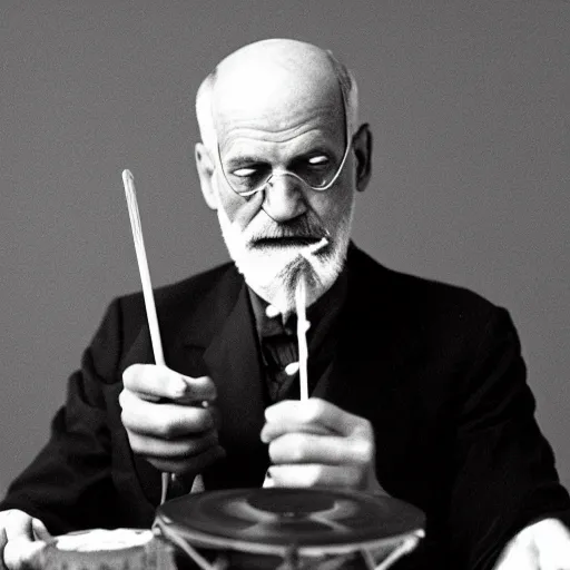 Prompt: Sigmund Freud eating string cheese and listening to a gramophone, PS4 cinematic trailer