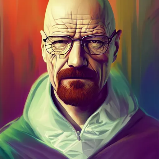 Prompt: high quality illustration, walter white realistic portrait, cyberpunk colors, riot game, alexandre bourlet, vaporwave, lois van baarle, league of legend, digital painting, james jean, dynamic colors, greg rutkuwsky