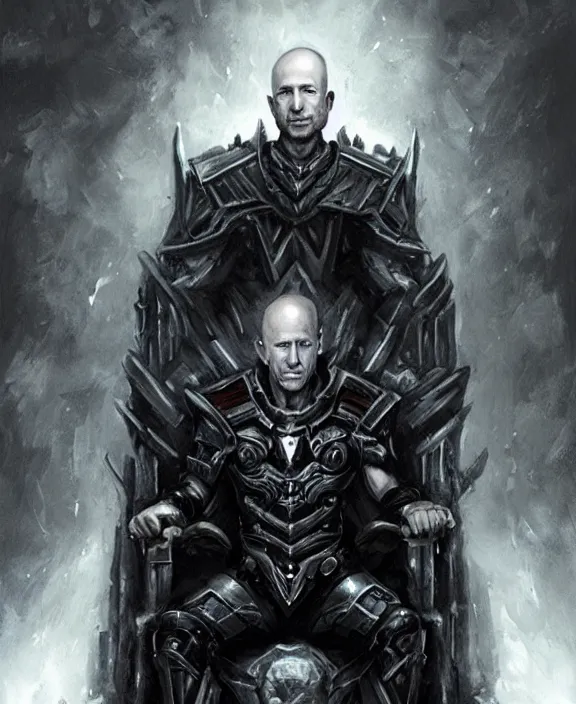 Image similar to a grimdark fantasy concept art portrait of jeff bezos sitting on a dark and evil throne