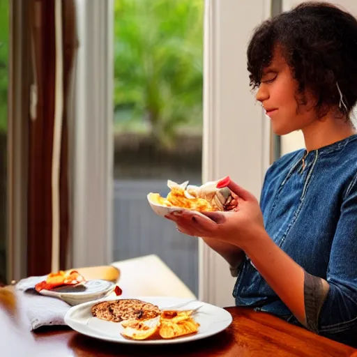 Prompt: thunder and lightning in the palm of her hand, as she sits to eat breakfast