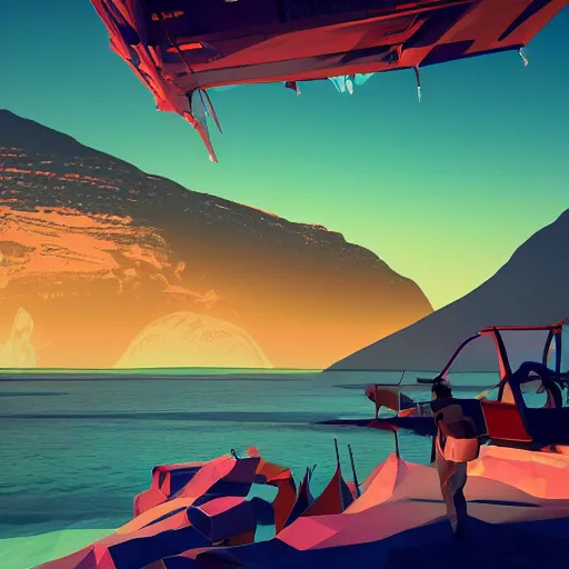 Prompt: super detailed color lowpoly art, big graphic seiner ship, on sunset view with mountains, unreal engine, high contrast color palette, 3 d render, lowpoly, colorful, digital art, perspective, full volume composition, syd mead