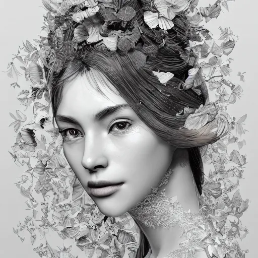 Prompt: the portrait of an absurdly beautiful, graceful, elegant young woman made of bananas and petals looking to the side, an ultrafine detailed illustration by kim jung gi, irakli nadar, intricate linework, bright colors, octopath traveler, final fantasy, angular, unreal engine 5 highly rendered, global illumination, radiant light, detailed and intricate environment