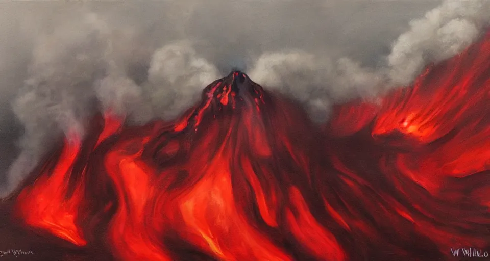 Image similar to a volcano made of ivory vines and crimson rocks enters in eruption, it spits a smoke in the shape of demonic eye, by Emilia Wilk