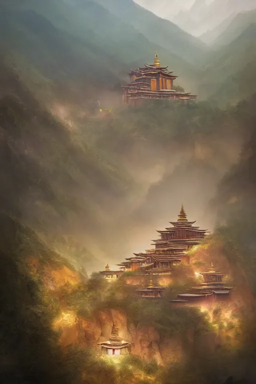 Prompt: Shangri-la at dawn, a Tibetan monastery at the edge of the cliff, powerfull, intricate, elegant, volumetric lighting, digital painting, highly detailed, artstation, sharp focus, illustration, concept art, ruan jia, steve mccurry