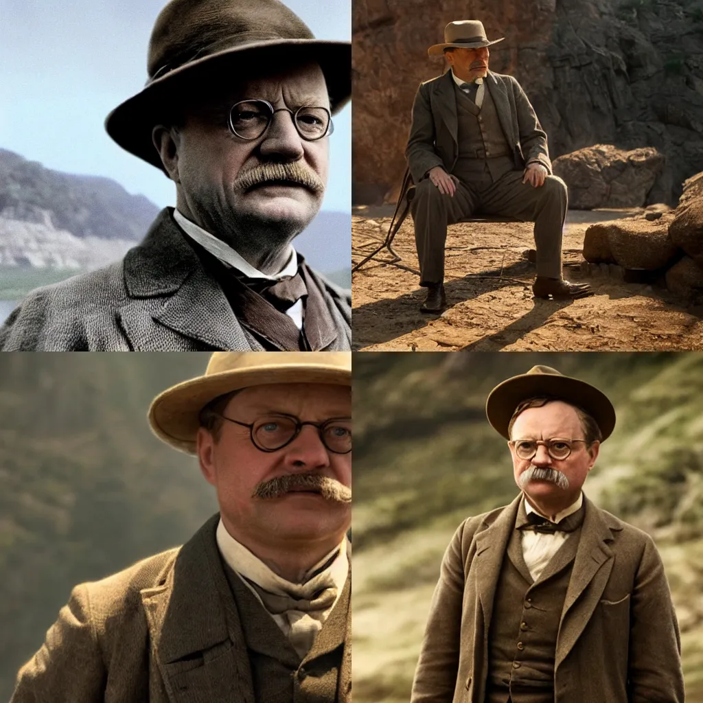 Prompt: Tobey Maguire as Theodore Roosevelt in 'Roosevelt' (2017), movie still frame, oscar nominated cinematography, volumetric lighting, 8k resolution.