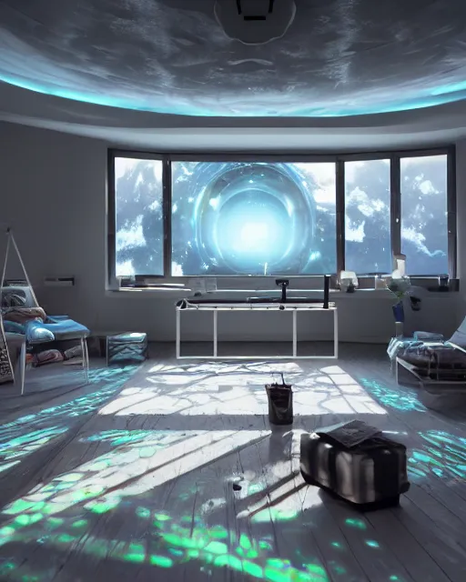 Prompt: artstation scifi scene of a safe room as ikea ad, lounge furniture, sky mural on the room ceiling, holographic art walls, windows, large terrarium, paneled walls, unreal engine 5, hyper realism, realistic shading, cinematic composition, blender render, octane render, hdr, detailed textures, photorealistic, wide shot