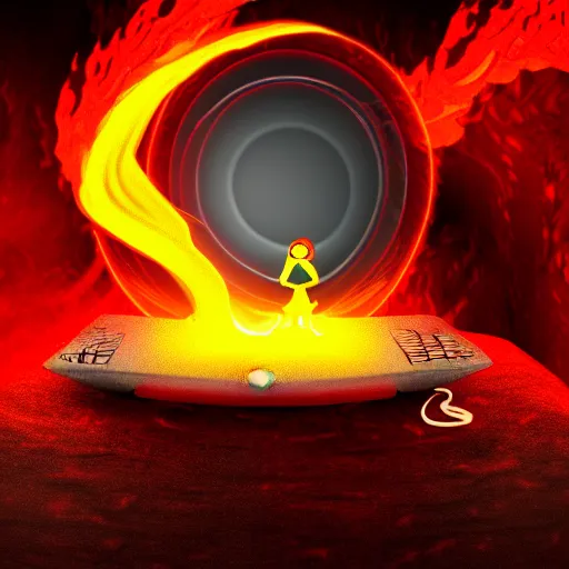 Image similar to a demon ~ using a laptop ~ lava background ~ sitting on a chair ~, 4 k, ultra hd