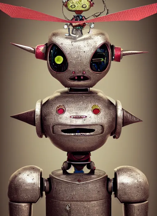 Image similar to closeup portrait of tin toy robot goblin trap, depth of field, zeiss lens, detailed, symmetrical, centered, fashion photoshoot, by nicoletta ceccoli, mark ryden, lostfish, breathtaking, 8 k resolution, extremely detailed, beautiful, establishing shot, artistic, hyperrealistic, octane render