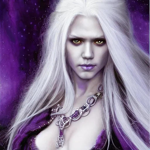 Prompt: head and shoulders portrait of a purple - skinned, white - haired drow wizard portrayed by young jessica alba, d & d, fantasy, luis royo, magali villeneuve, donato giancola, wlop, krenz cushart