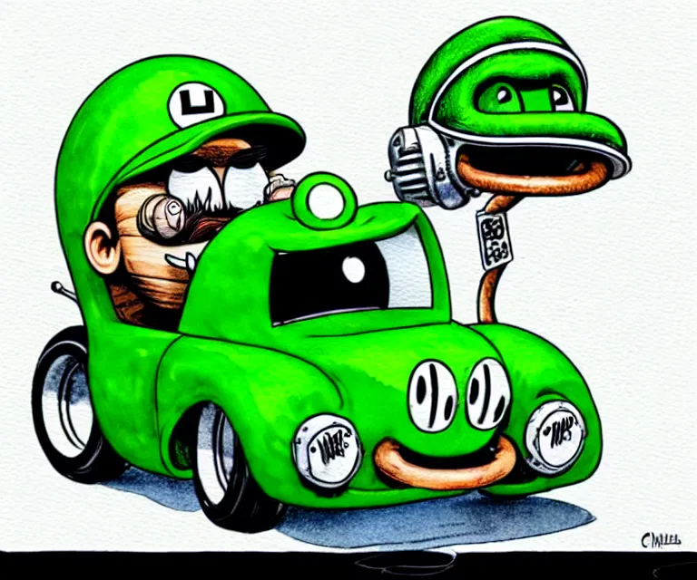 Prompt: cute and funny, luigi the green, wearing a helmet, driving a hotrod, oversized enginee, ratfink style by ed roth, roth's drag nut fuel, centered award winning watercolor pen illustration, isometric illustration by chihiro iwasaki, the artwork of r. crumb and his cheap suit, cult - classic - comic,