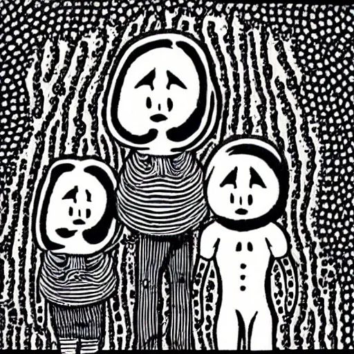 Image similar to a creepy family, by yayoi kusama and richard corben