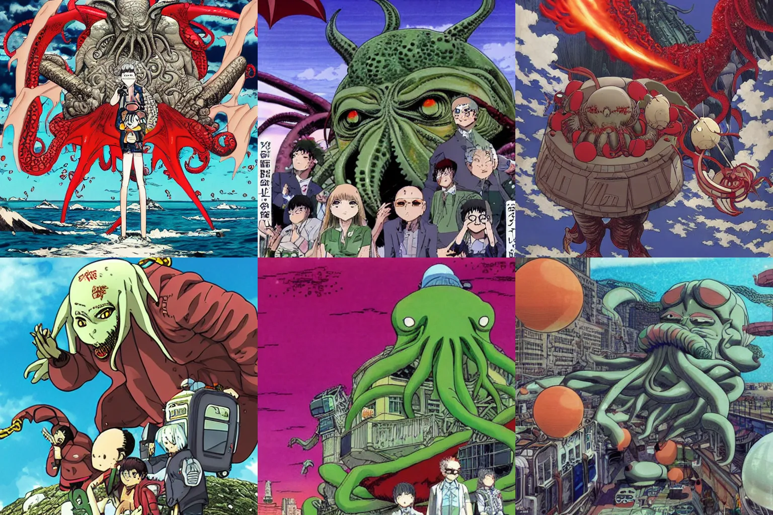 Prompt: Cthulhu destroyer of worlds goes on vacation, anime by Katsuhiro Otomo