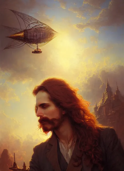 Image similar to portrait painting of a handsome face rugged long hair crimson hair male capitain, top half portrait soft hair steampunk ornate mechanical zeppelin blimp airship in the background sky sunset golden hour fantasy soft hair deviantart book cover art dramatic volumetric lighting art by wlop greg rutkowski gaston bussiere