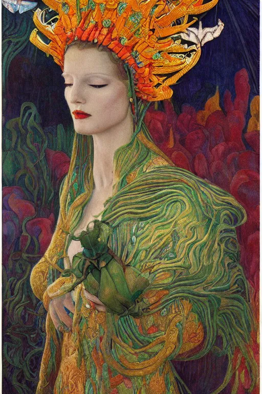 Image similar to queen of spring, by jean delville and Tino Rodriguez and Diego Rivera , elaborate headdress and embroidered velvet, iridescent beetles, rich color, dramatic cinematic lighting, extremely detailed