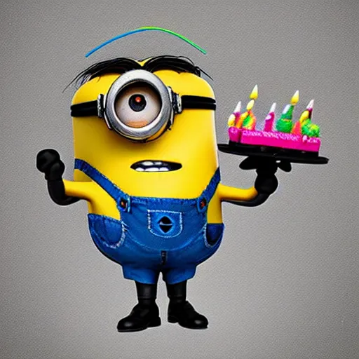 Prompt: an epic painting minion celebrating birthday in birthday hat and with birthday puff, pencil drawing, perfect composition, golden ratio, beautiful detailed, photorealistic, digital painting, concept art, smooth, sharp focus, illustration, artstation trending, octane render, unreal engine