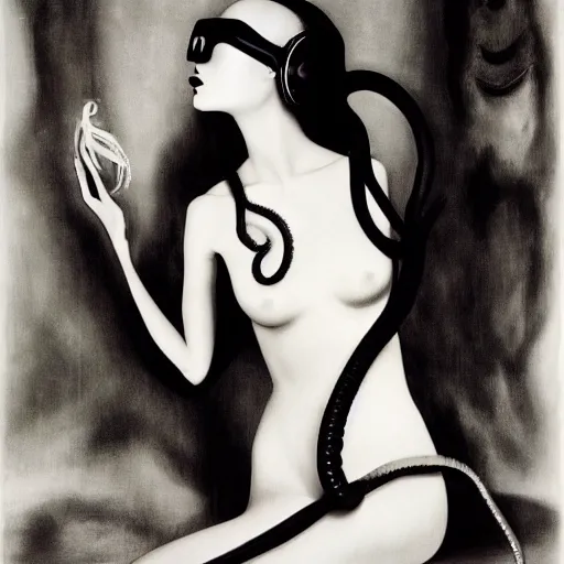 Image similar to A portrait of a beautiful cyberpunk girl with octopus, by Man Ray and Helmut Newton, fine art