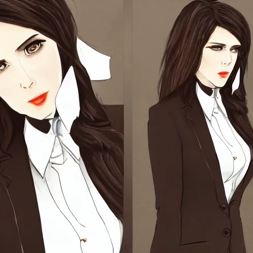 Image similar to woman in black business suit, light brown neat hair, pixiv, fanbox, trending on artstation, portrait, digital art, modern, sleek, highly detailed, formal, serious, determined, lawyer, colorized, smooth, charming, pretty, safe for work