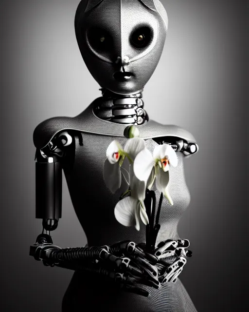 Image similar to surreal mythical dreamy dark artistic black and white fine art 3 / 4 fashion portrait photo of a young beautiful delicate female robot - owl with orchid - doll face, rim light, cinematic, studio dramatic light, poetic, masterpiece, octane render, 8 k, photo - realistic by gustave dore hg giger and man ray