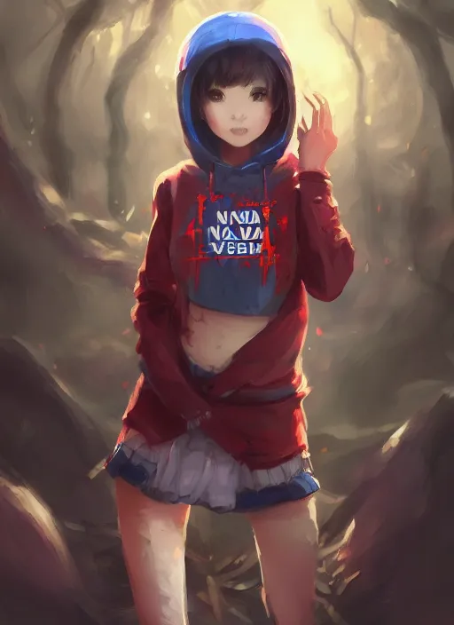 Prompt: a highly detailed illustration of short hair cute japanese girl wearing blood stained blue hoodie with the word nevada on it, dramatic smile pose, intricate, elegant, highly detailed, centered, digital painting, artstation, concept art, smooth, sharp focus, league of legends concept art, WLOP