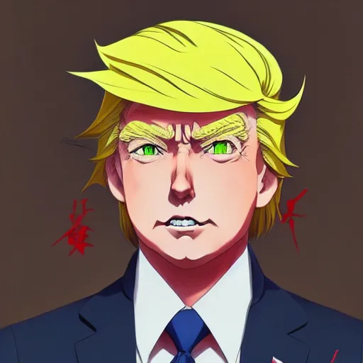 Image similar to anime portrait of Donald Trump as an anime boy by Stanley Artgerm Lau, WLOP, Rossdraws, James Jean, Andrei Riabovitchev, Marc Simonetti, and Sakimichan, trending on artstation