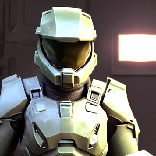 Image similar to Jerma985 as Master Chief, photorealistic, cinematic lighting, highly detailed