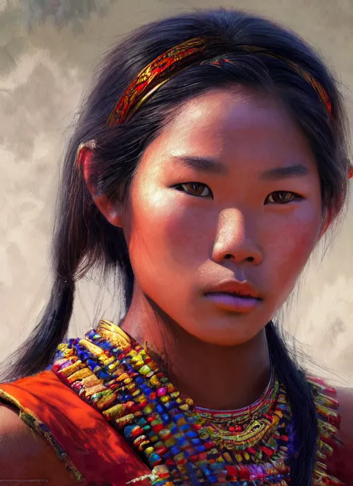 Prompt: portrait of a beautiful teen tai lue ethnic north thailand, closeup portrait, historical, ethnic group, traditional costume, elegant, loin cloth, highly detailed, oil painting, artstation, concept art, matte, sharp focus, illustration, hearthstone, art by earl norem