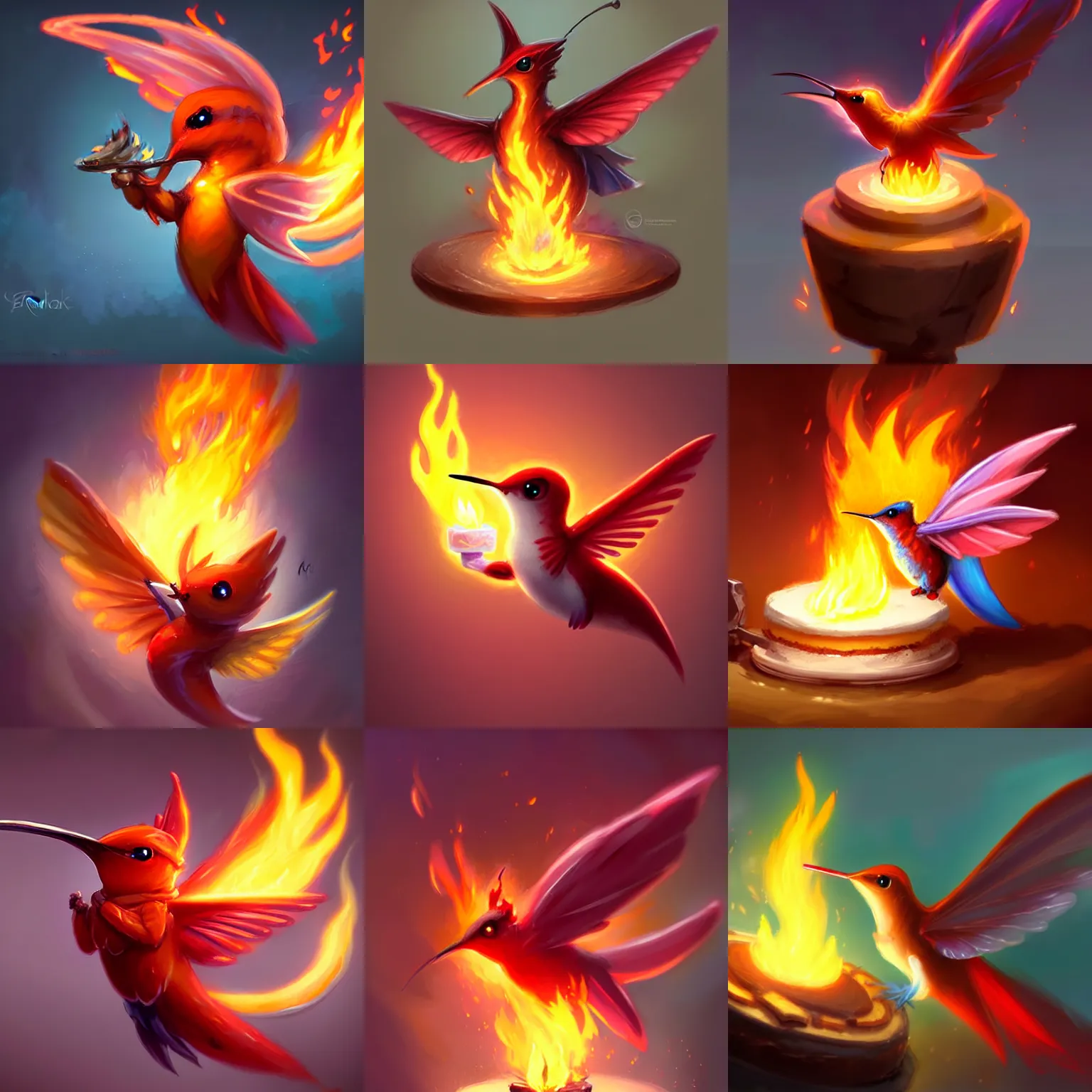 Prompt: a cute adorable small flaming fire elemental hummingbird baking a cake deviantart Greg rutkowski league if legends concept art