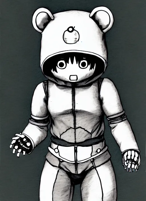 Image similar to beautiful little boy wearing an cyborg bear suit, artwork in kentaro miura and made in abyss and rosdraws, smooth, beautiful lightness, anatomically correct, trending on pixiv, forest