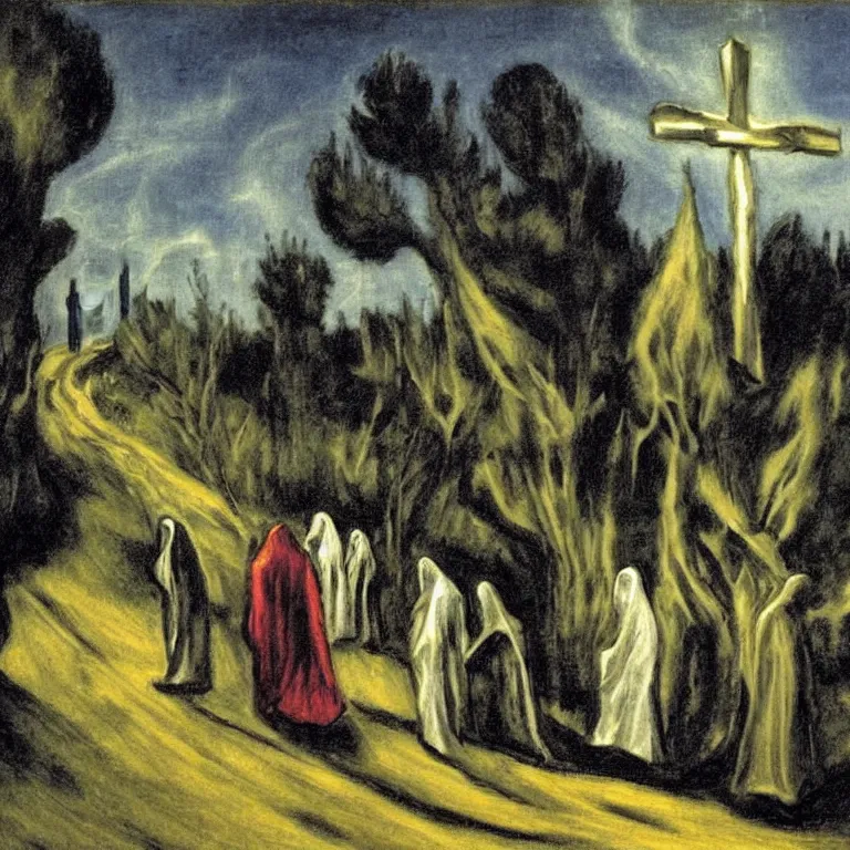 Image similar to A colour painting of a Holy Week procession of grim reapers in a lush Spanish landscape at night. A hooded figure at the front holds a cross. El Greco, Carl Gustav Carus, Edward Hopper.