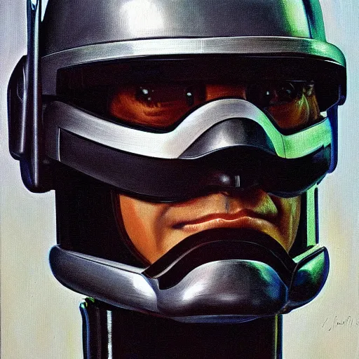 Image similar to joe biden as robocop, realistic oil painting, style of norman rockwell, 8 k, super sharp, ultra detail, rule of thirds,