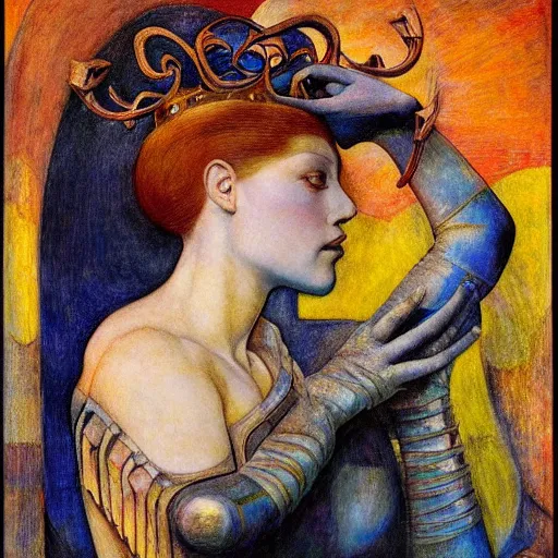 Image similar to the android queen, by Annie Swynnerton and Diego Rivera, symbolist, dramatic lighting, elaborate geometric ornament, Art Brut ,god rays, soft cool colors,smooth, sharp focus, extremely detailed, Adolf Wölfli