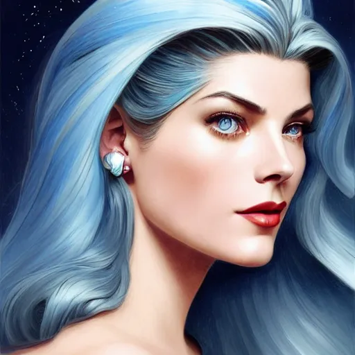 Image similar to A combination of Grace Kelly's and Katheryn Winnick's and Ashley Greene's faces with blue hair as She-Ra, western, D&D, fantasy, intricate, elegant, highly detailed, digital painting, artstation, concept art, matte, sharp focus, illustration, art by Artgerm and Greg Rutkowski and Alphonse Mucha