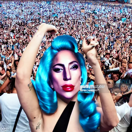 Image similar to Lady Gaga as Evita, Argentina presidential rally, Argentine flags behind, bokeh, epic photo, detailed face, Argentina