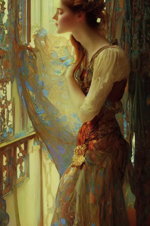 Prompt: an intricate artistic pose painting of a beautiful young victorian lady looking through a window with an artistic pose wearing a beautiful velvet dress, hyper detailed, octane render, vivid colors, artstation, by jeremy mann, alphonse mucha, by boris vallejo