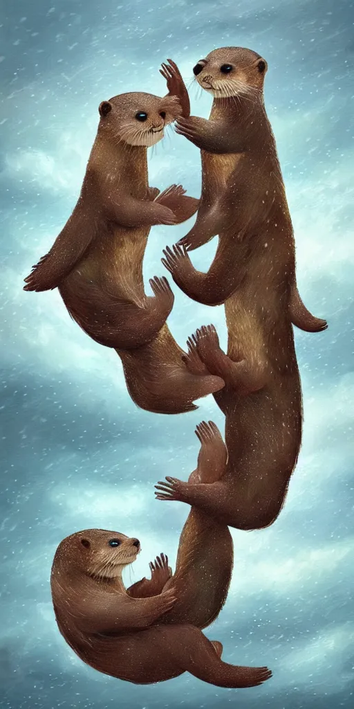 Image similar to family of adorable otters falling in love holding hands side by side, all alone in the middle of a scary storm at sea, fantasy illustration, cinematic, award winning, romantic, detailed trending on artstation, masterpiece