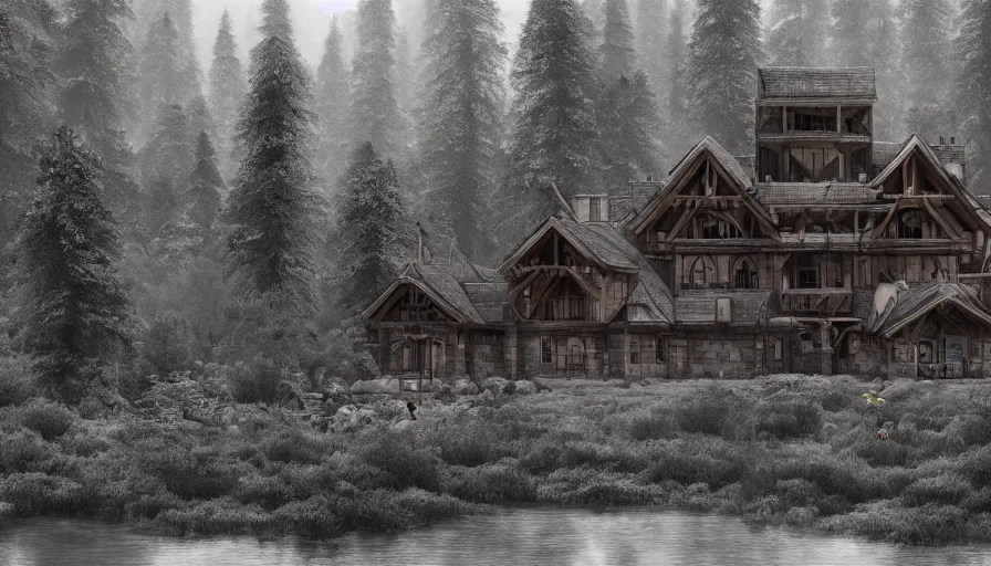 Prompt: Humongous wooden castle build in a forest near of a lake, grey sky, hyperdetailed, artstation, cgsociety, 8k