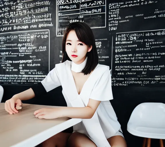 Image similar to stunning young adult korean woman in a coffee shop wearing low poly, glossy white armor, magazine photo, 5 0 mm